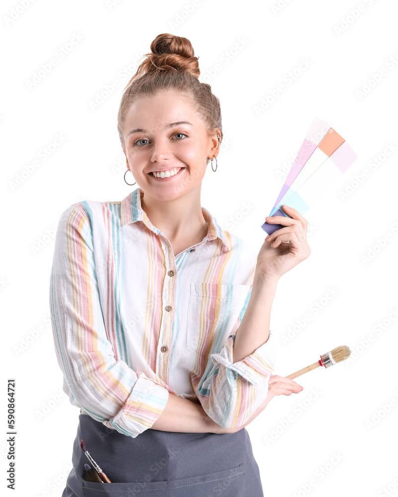 Female artist with paint color palettes and brush on white background Female artist with paint color palettes and brush on white background