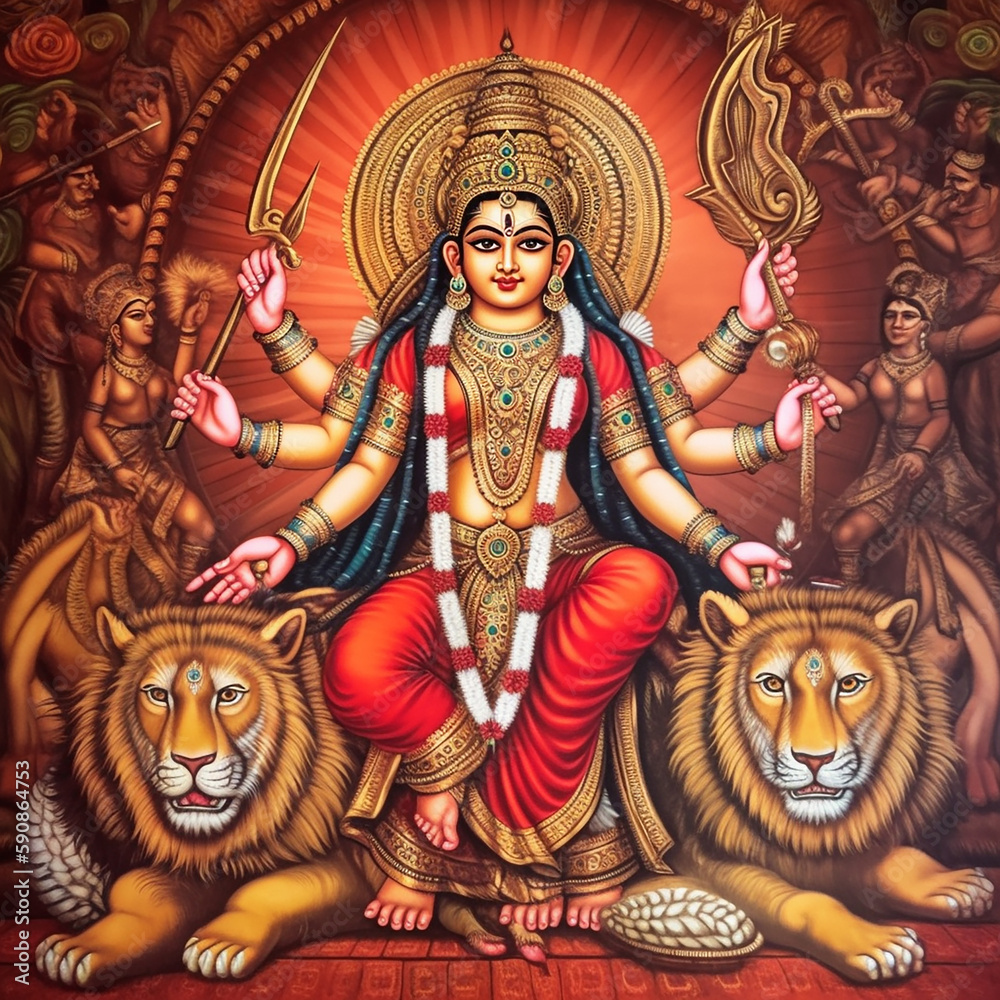 Hindu mythology god Durga. Created with Generative AI technology.