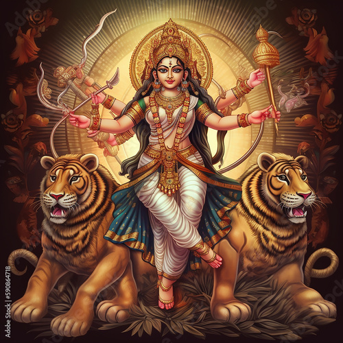 Hindu mythology god Durga. Created with Generative AI technology.