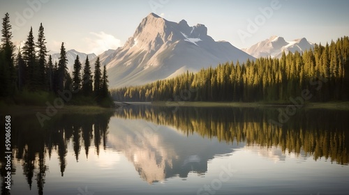 A tranquil mountain landscape, showcasing a serene lake and towering peaks, taken during the late afternoon © BoxTv