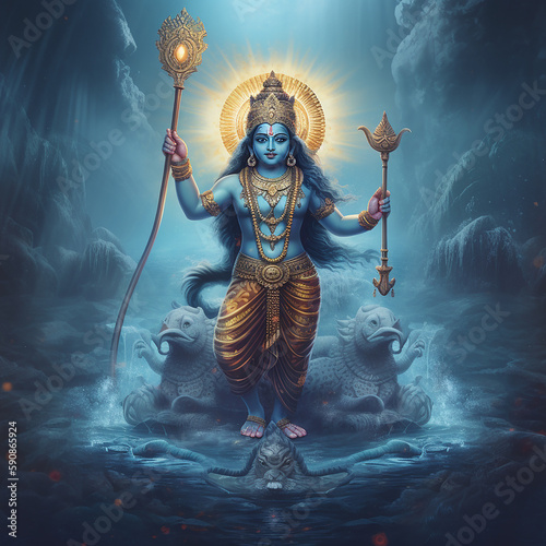 Hindu mythology god Vishnu. Created with Generative AI technology.