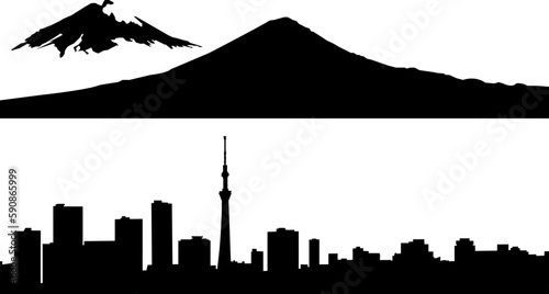Vector cartoon silhouette of Tokyo city skyline and Fujiyama skyline in black.