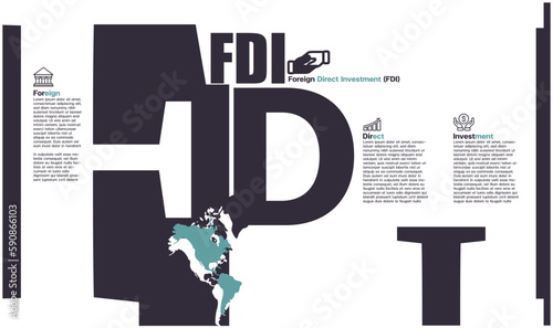 FDI - Foreign Direct Investment. business concept. Vector infographic illustration for presentations, sites, reports, banners, Subject Icons, Typographies