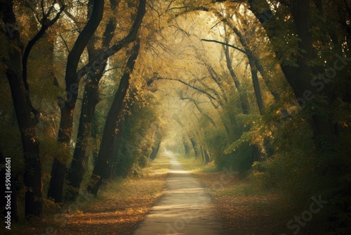 scenic road surrounded by vibrant green trees and leaves. Generative AI