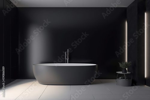 Luxury bathroom with window. Modern big matte black bathtub and concrete tiles. Generative AI