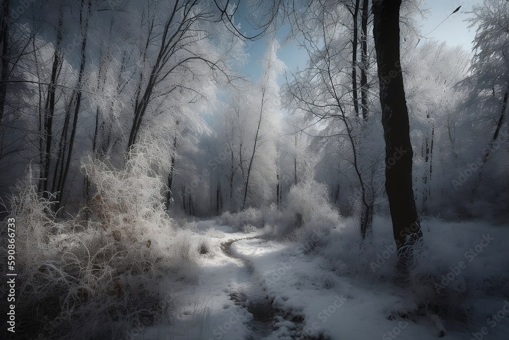 Obraz premium Snowy Winter Forest with Snowfall on Background
