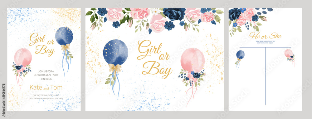 Set of Gender reveal party invitation templates. boy or girl. watercolor pink and blue balloons with flowers and ribbons. Banner and poster, background with balloons on the ribbon. Vector illustration - obrazy, fototapety, plakaty 