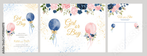 Set of Gender reveal party invitation templates. boy or girl. watercolor pink and blue balloons with flowers and ribbons. Banner and poster, background with balloons on the ribbon. Vector illustration