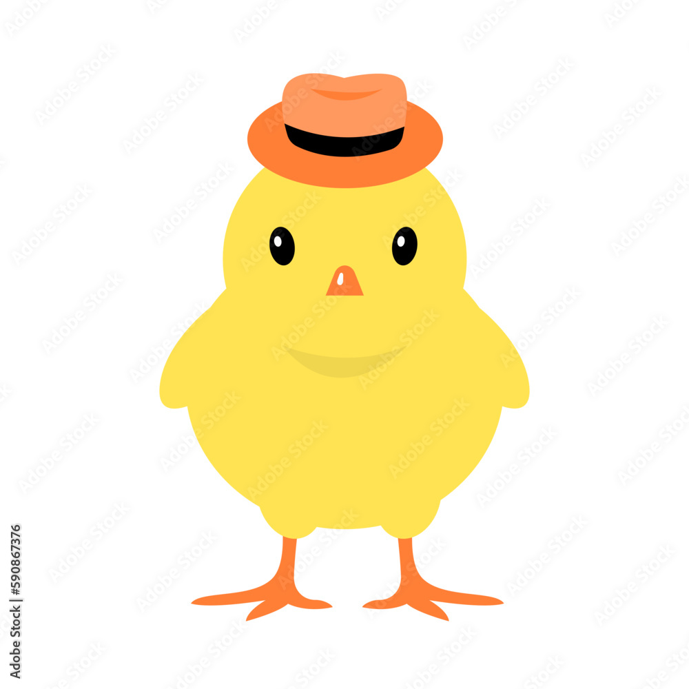 Little cute yellow chickhen. Cheerful chick in a hat. Poultry, farming. Domestic bird. Flat vector illustration isolated on white background Little cute yellow chickhen. Cheerful chick in a hat. Poultry, farming. Domestic bird. Flat vector illustration isolated on white background
