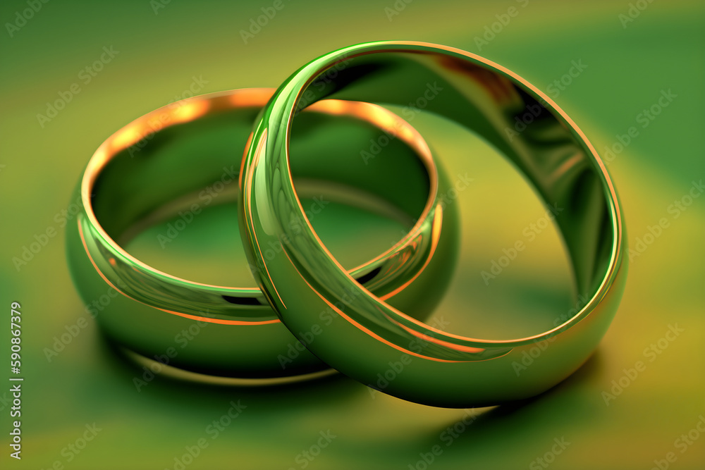 Golden smooth wedding rings on green background, Generative AI