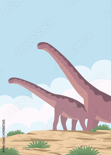 Big alamosaurus with a long neck. Herbivorous dinosaur sauropod of the Jurassic period. Prehistoric lizard. Vector cartoon illustration