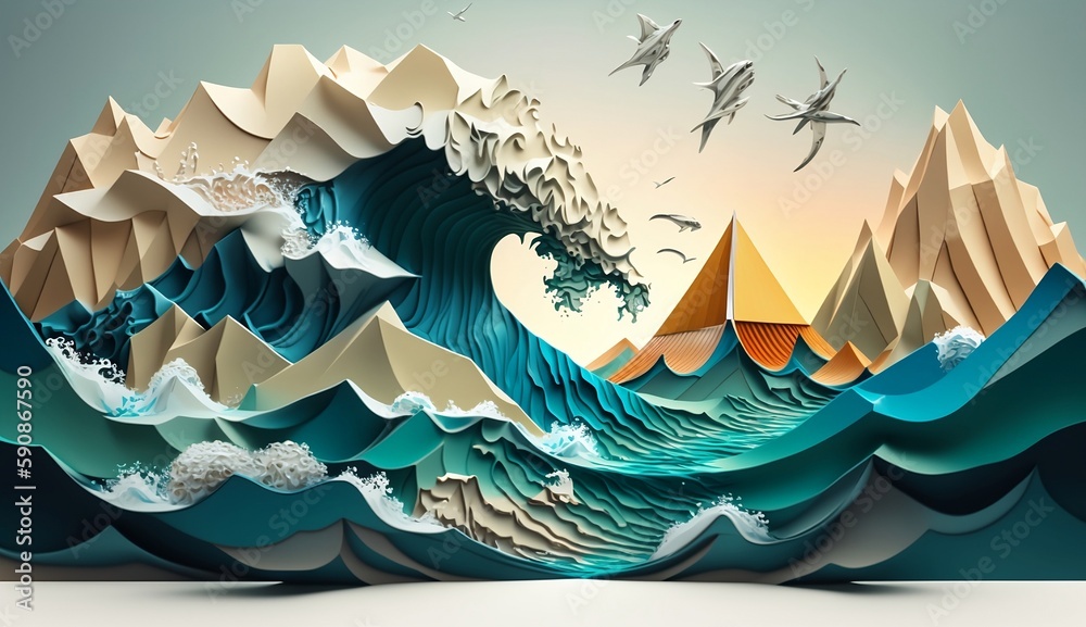 Abstract background with ocean landscape, wave and sky in paper art and craft design concept.  Created using generative AI.