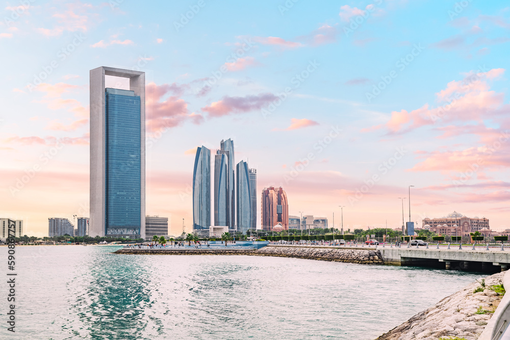 unique and contemporary designs of the skyscrapers in this photo define Abu Dhabi modern skyline. With each building competing in height and grace, it's a true feast for the eyes.
