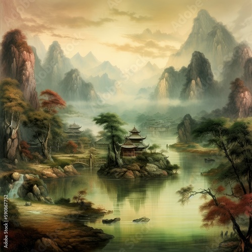 Asian landscape with lake. Generate Ai