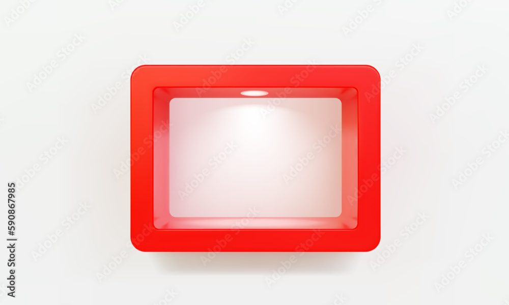 Empty red rounded rectangular shelf or niche on wall with led spotlight mockup. Shop, gallery plastic or wooden showcase to present product. Blank retail storage space. Interior bookshelf Empty red rounded rectangular shelf or niche on wall with led spotlight mockup. Shop, gallery plastic or wooden showcase to present product. Blank retail storage space. Interior bookshelf
