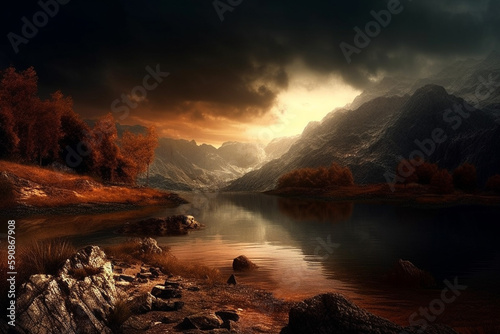 Beautiful autumn landscape with lake and mountains Generative AI