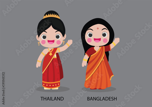 Thailand peopel in national dress. Set of Bangladesh woman dressed in national clothes. Vector flat illustration.