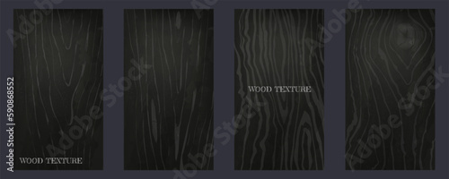 Wood grain patterns. Oak background. Black hardwood board surface. Dark wooden carpentry structure. Old nature lumber. Natural material. Timber texture banners set. Vector abstract wall