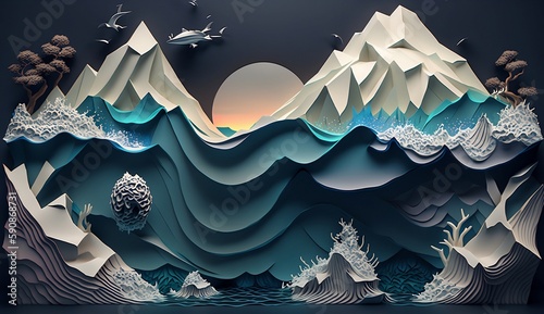 Abstract background with ocean landscape, wave and sky in paper art and craft design concept. Created using generative AI. © Sun