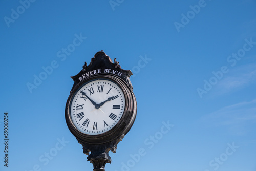 Old-fashioned clock at beach in Revere, a suburb of Boston, Massachusetts.