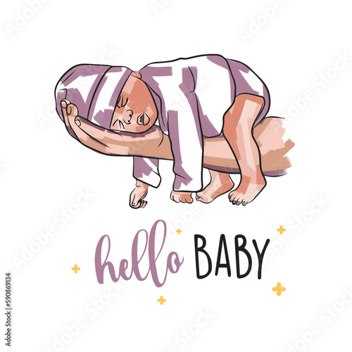 Beautiful card with falling asleep baby in hand, newborn in doodle style, Hello baby