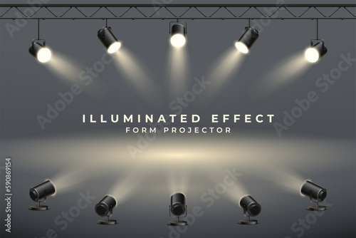 Spotlights background, stage projectors, 3d hanging and standing lamps. Realistic concert effect for studio or theater, transparent beam. Banner with copy space. Vector illustration backdrop