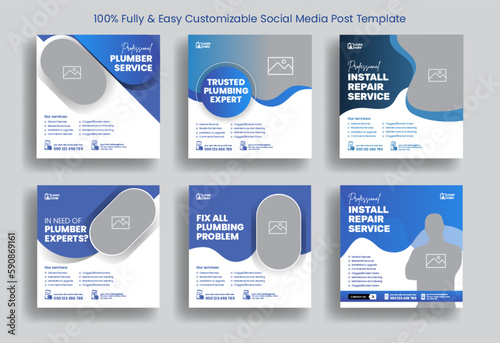 Editable Social media ads or banner design set for plumbing service and Renovation, home repair, handyman website banner, social media post or square flyer template design