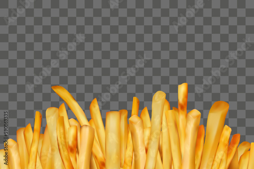French fries, salty takeaway appetisers. American junk food, healthy lifestyle, potato sticks or chips, unhealthy fastfood. Banner or cooking menu background. Vector realistic 3d elements