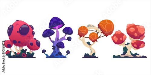 Fantasy mushrooms set. Space alien unusual fungus, psychedelic ingredient for wizard magical potion, crazy botanic, mystical flora, cartoon flat gradient isolated elements. Vector illustration