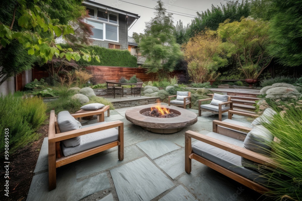 Backyard fire pit seating. Generate Ai - obrazy, fototapety, plakaty 