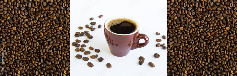 Coffee collage. Coffee cup and roasted coffee beans. Close-up. Coffee collage. Coffee cup and roasted coffee beans. Close-up.