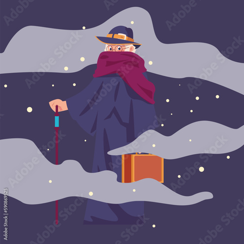 Cartoon wizard. Male person in robe and with cane, suitcase and hat, night sky with stars and clouds, magic mascot, funny person sorcerer or mystery alchemist. Vector witchcraft cute man