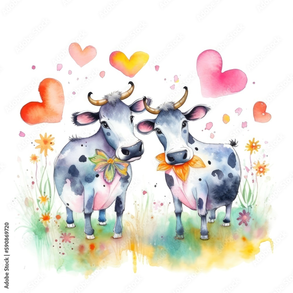 Watercolor painting of a couple of cows in love in nature with hearts ...
