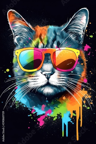 Painting of a retro style cat with multi color sunglasses Generative AI Illustration © SVasco