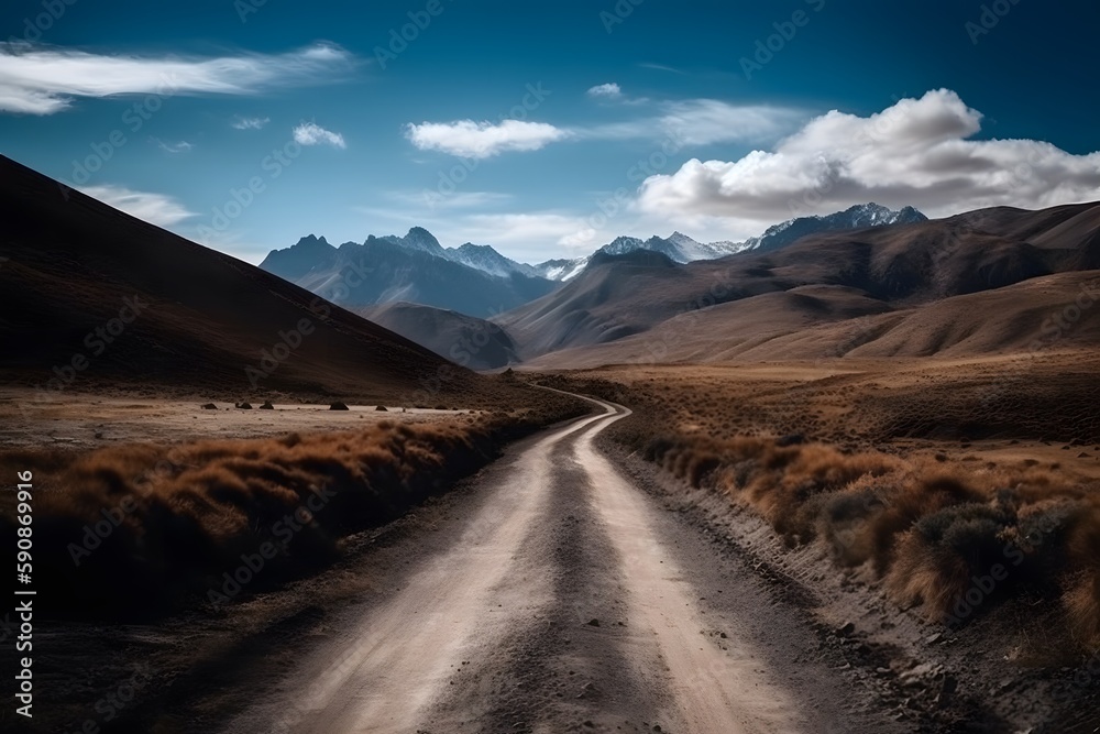 Rugged mountains in the distance and winding road leading up to them. Anticipation and excitement. The bright blue sky and fluffy clouds. Exploration. Generative Ai.