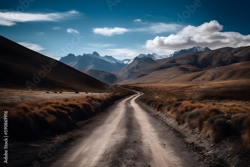 Rugged mountains in the distance and winding road leading up to them. Anticipation and excitement. The bright blue sky and fluffy clouds. Exploration. Generative Ai.