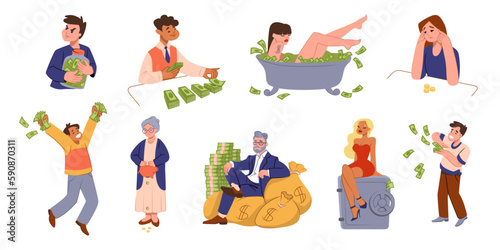 Poverty and richness characters. Money spending. Success and careless finance people. Businessman and woman employee unequal salary. Rich person. Stingy man. Vector flat concepts set photo