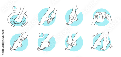 Bath foot care. Beauty body pedicure with spa cosmetic. Peeling mask icons. Woman touching to toes and heels. Girl applying moisturizing cream to clean legs. Vector sketch symbols set