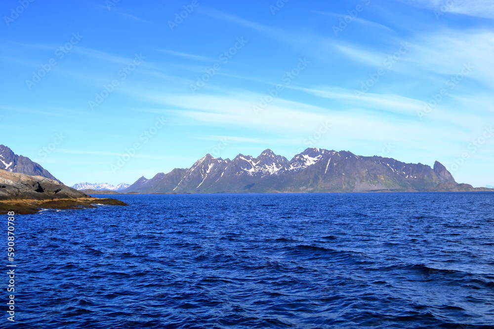 Mountains and fjords on Lofoten islands, Norway viewed from the boat