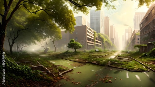 Post apocalyptic overgrown city, empty street, generative ai