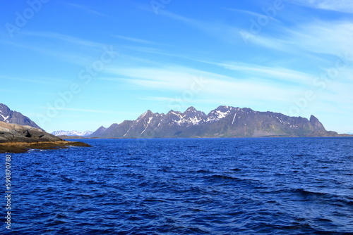 Mountains and fjords on Lofoten islands, Norway viewed from the boat