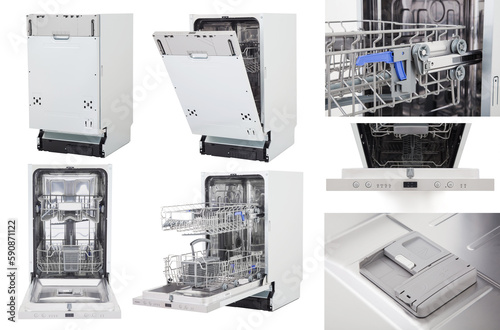Built-in dishwasher unit set with internal parts, filtration system and pump isolated on white