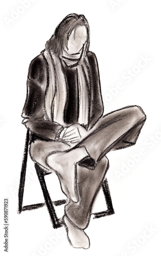 A man is sitting on a chair. A quick sketch of a human figure by sangina. Black and white sketch. photo