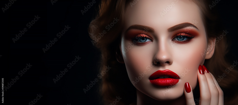 Fototapeta premium Makeup fashion. Portrait of beautiful elegant woman with perfect makeup, red lips and red nails on black background , generative AI tools 