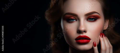 Makeup fashion. Portrait of beautiful elegant woman with perfect makeup, red lips and red nails on black background , generative AI tools 