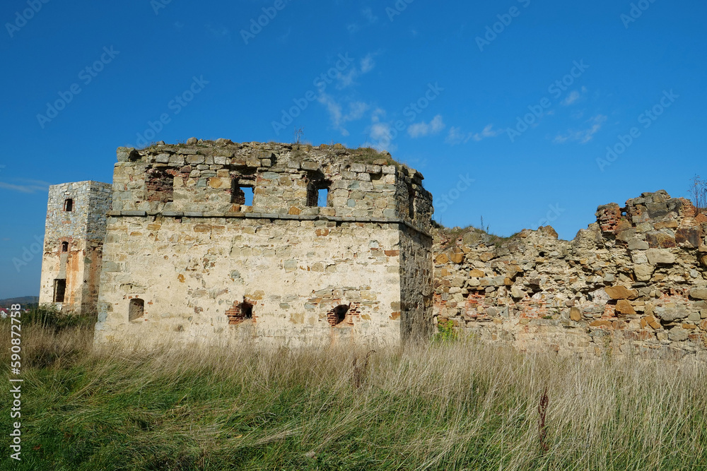 Stone tower in Pniv Castle - medieval historical object in western Ukraine