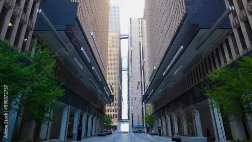 Atlanta GA USA March 24th 2023: looking up into the sky of the amazing architecture in the major city metropolis. the wide angle image of the city related to money, positivity, travel.