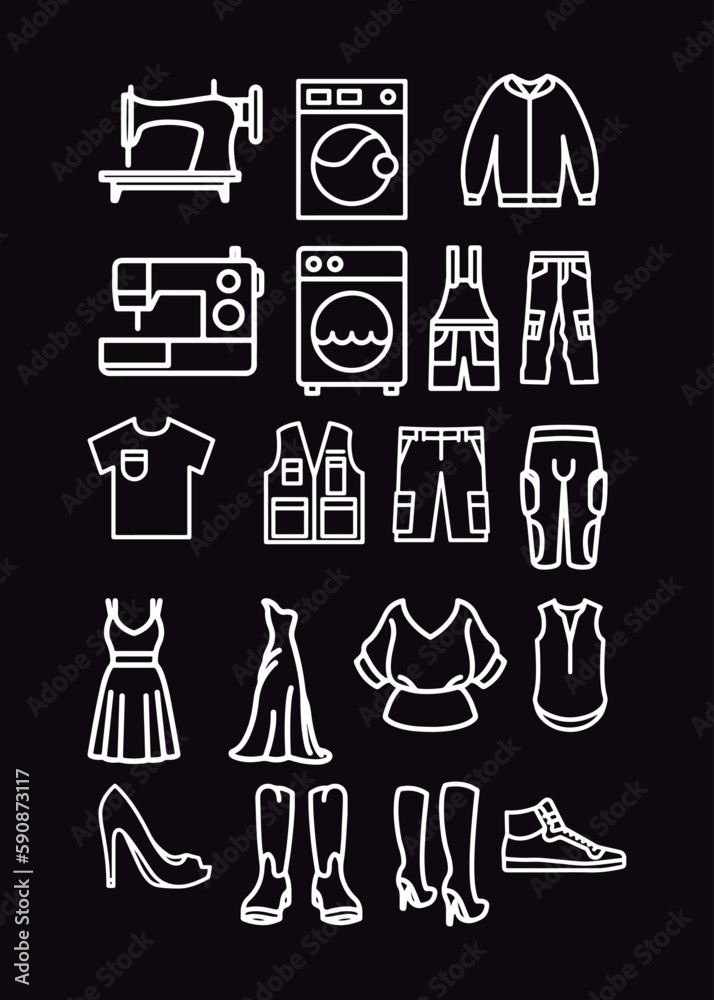 Icon set, elements, line art style, sewing machine, washing machine, coat, uniform, overalls, pants, t-shirt, jacket, vest, shirt, shorts, bags, dress, long dress, female, male, icons, shape, logo, Icon set, elements, line art style, sewing machine, washing machine, coat, uniform, overalls, pants, t-shirt, jacket, vest, shirt, shorts, bags, dress, long dress, female, male, icons, shape, logo,