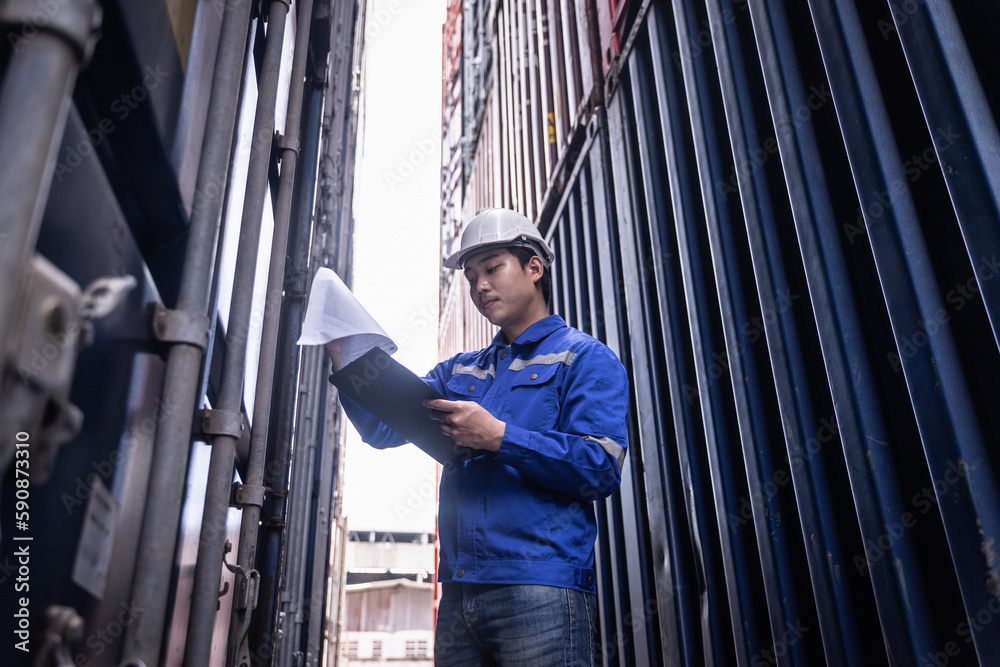 Asian male foreman control or check inventory details of containers box, worker checking quantity of product in containers. Asian male foreman control or check inventory details of containers box, worker checking quantity of product in containers.