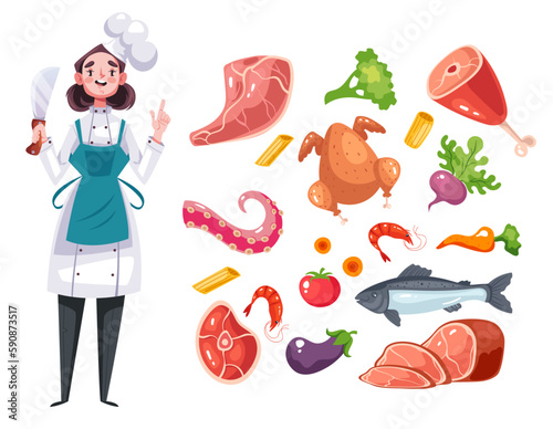 Cook kitchen ingredient chef prepare food dish concept. Vector graphic design illustration